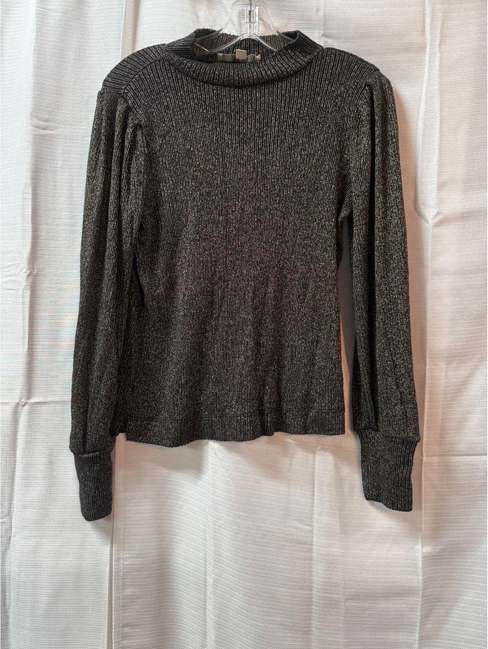 LOFT Metallic Ribbed Knit Long Sleeve Top in Black and Gold, Size M